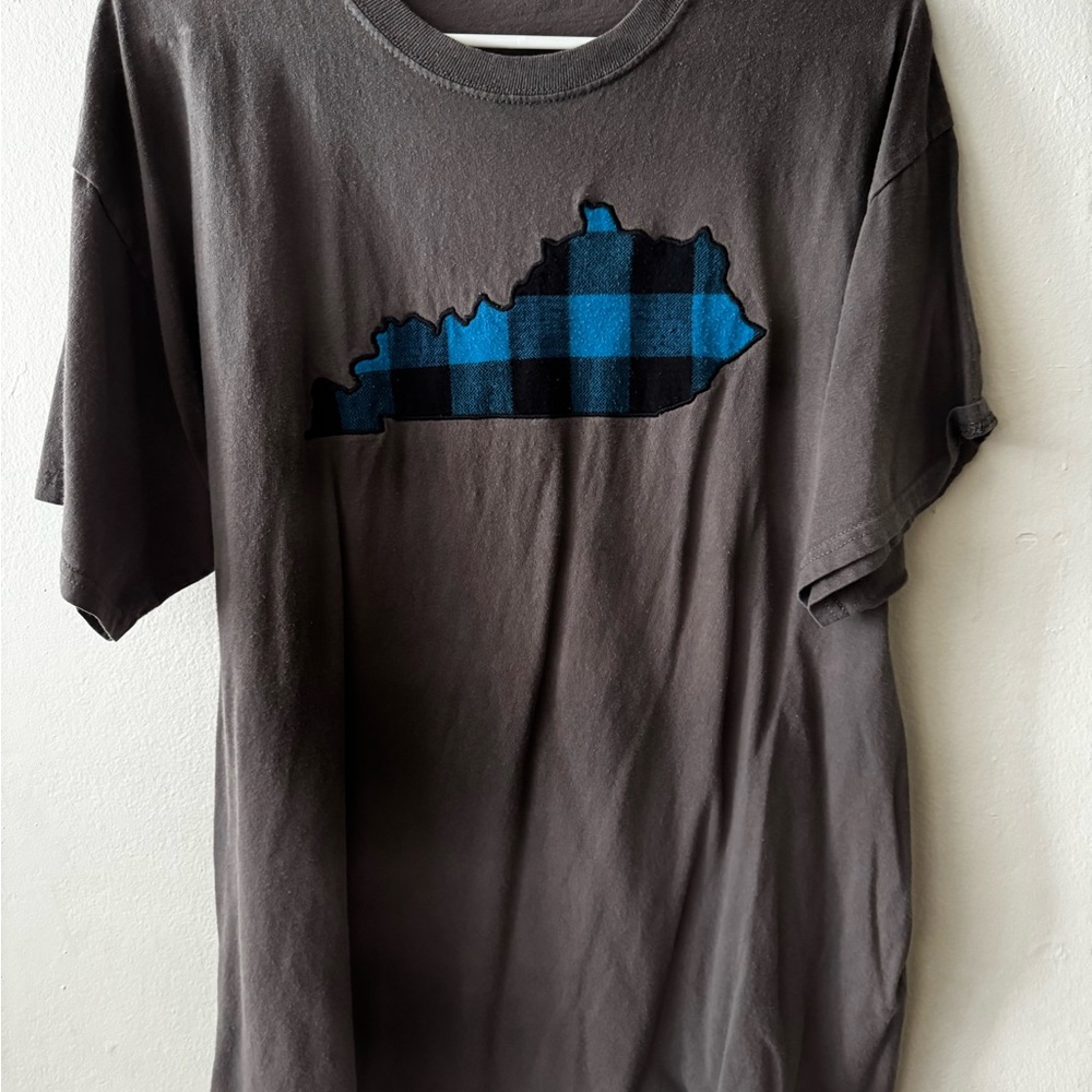 Gray T-Shirt with Blue Plaid Design